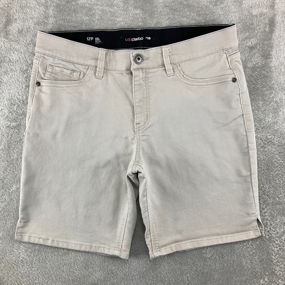 Liz Claiborne Sara Shorts Womens 12P Khaki Beige Mid Rise Cotton Blend Stretch